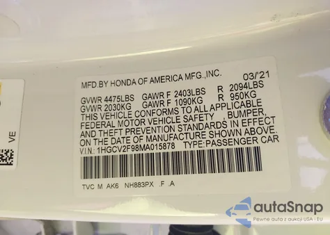 2021 Honda Accord Touring из США, поврежденный, VIN 1HGCV2F98MA015878